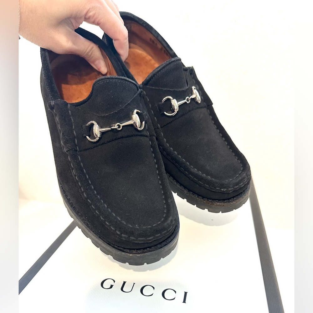 Auth GUCCI Horsebit Accent Black Suede Chunky Platform Loafers, 35.5